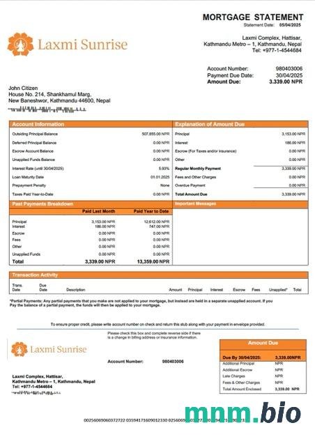 Nepal Laxmi Sunrise Bank wyciąg z kredytu hipotecznego szablon Word i PDF